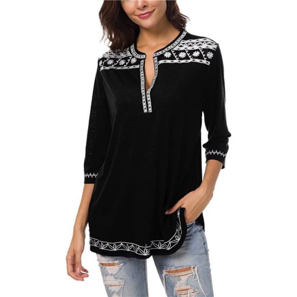 Women's 3/4 Sleeve Boho Shirts Embroidered Peasant Top